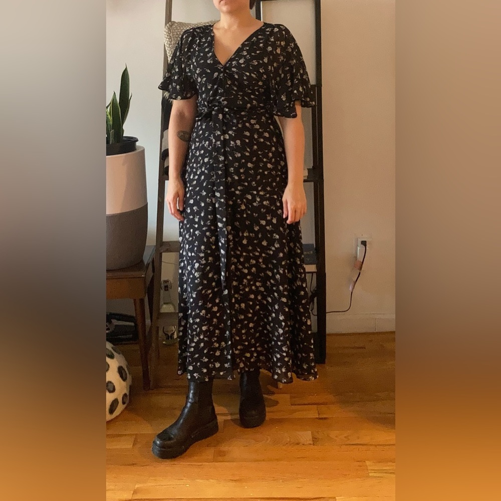 Wild fox black and white floral midi wrap dress
